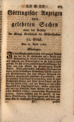 Göttingische Anzeigen von gelehrten Sachen (Göttingische Zeitungen von gelehrten Sachen) Samstag 17. April 1762