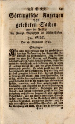 Göttingische Anzeigen von gelehrten Sachen (Göttingische Zeitungen von gelehrten Sachen) Samstag 18. September 1762