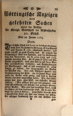 Göttingische Anzeigen von gelehrten Sachen (Göttingische Zeitungen von gelehrten Sachen) Samstag 22. Januar 1763