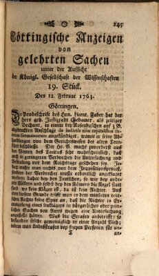 Göttingische Anzeigen von gelehrten Sachen (Göttingische Zeitungen von gelehrten Sachen) Samstag 12. Februar 1763