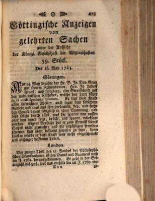 Göttingische Anzeigen von gelehrten Sachen (Göttingische Zeitungen von gelehrten Sachen) Montag 16. Mai 1763