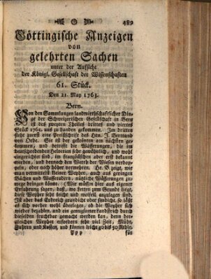 Göttingische Anzeigen von gelehrten Sachen (Göttingische Zeitungen von gelehrten Sachen) Samstag 21. Mai 1763