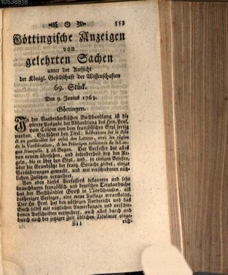 Göttingische Anzeigen von gelehrten Sachen (Göttingische Zeitungen von gelehrten Sachen) Donnerstag 9. Juni 1763