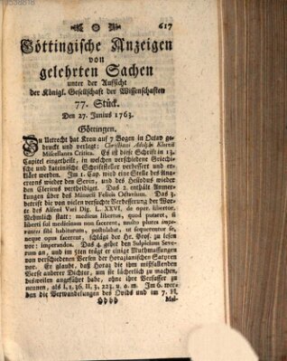 Göttingische Anzeigen von gelehrten Sachen (Göttingische Zeitungen von gelehrten Sachen) Montag 27. Juni 1763