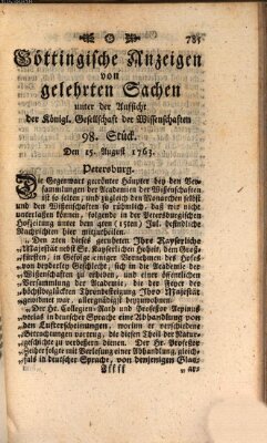 Göttingische Anzeigen von gelehrten Sachen (Göttingische Zeitungen von gelehrten Sachen) Montag 15. August 1763