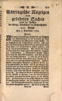 Göttingische Anzeigen von gelehrten Sachen (Göttingische Zeitungen von gelehrten Sachen) Montag 5. September 1763