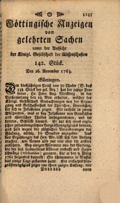 Göttingische Anzeigen von gelehrten Sachen (Göttingische Zeitungen von gelehrten Sachen) Samstag 26. November 1763