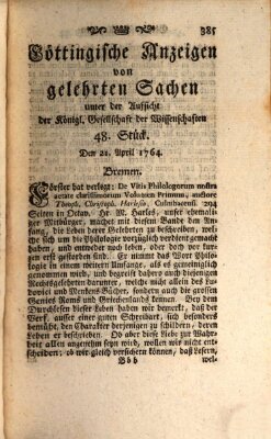 Göttingische Anzeigen von gelehrten Sachen (Göttingische Zeitungen von gelehrten Sachen) Samstag 21. April 1764