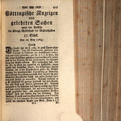 Göttingische Anzeigen von gelehrten Sachen (Göttingische Zeitungen von gelehrten Sachen) Samstag 12. Mai 1764