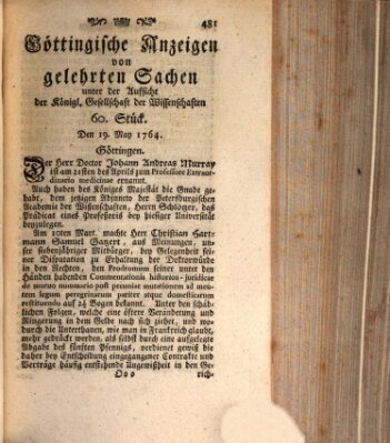 Göttingische Anzeigen von gelehrten Sachen (Göttingische Zeitungen von gelehrten Sachen) Samstag 19. Mai 1764