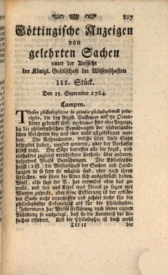 Göttingische Anzeigen von gelehrten Sachen (Göttingische Zeitungen von gelehrten Sachen) Samstag 15. September 1764