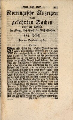 Göttingische Anzeigen von gelehrten Sachen (Göttingische Zeitungen von gelehrten Sachen) Samstag 22. September 1764