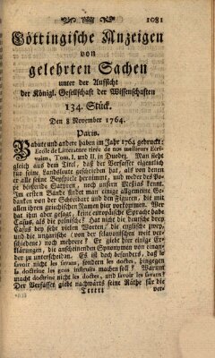 Göttingische Anzeigen von gelehrten Sachen (Göttingische Zeitungen von gelehrten Sachen) Donnerstag 8. November 1764