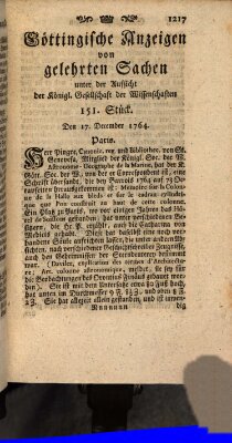 Göttingische Anzeigen von gelehrten Sachen (Göttingische Zeitungen von gelehrten Sachen) Montag 17. Dezember 1764