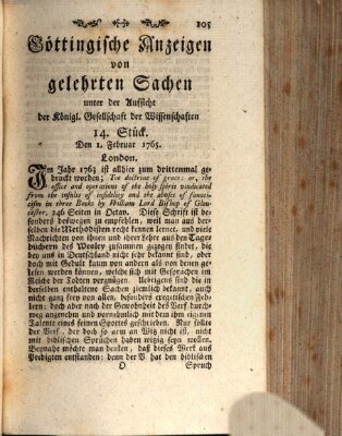 Göttingische Anzeigen von gelehrten Sachen (Göttingische Zeitungen von gelehrten Sachen) Freitag 1. Februar 1765