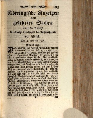 Göttingische Anzeigen von gelehrten Sachen (Göttingische Zeitungen von gelehrten Sachen) Montag 4. Februar 1765