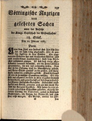 Göttingische Anzeigen von gelehrten Sachen (Göttingische Zeitungen von gelehrten Sachen) Montag 11. Februar 1765