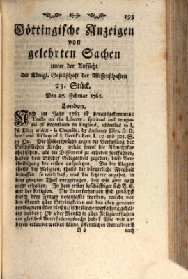 Göttingische Anzeigen von gelehrten Sachen (Göttingische Zeitungen von gelehrten Sachen) Mittwoch 27. Februar 1765