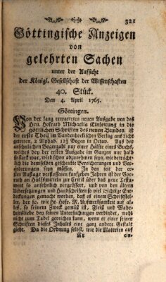 Göttingische Anzeigen von gelehrten Sachen (Göttingische Zeitungen von gelehrten Sachen) Donnerstag 4. April 1765