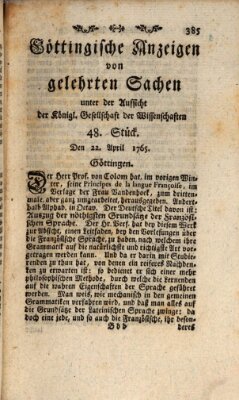 Göttingische Anzeigen von gelehrten Sachen (Göttingische Zeitungen von gelehrten Sachen) Montag 22. April 1765