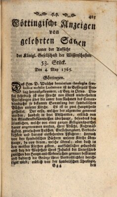 Göttingische Anzeigen von gelehrten Sachen (Göttingische Zeitungen von gelehrten Sachen) Samstag 4. Mai 1765