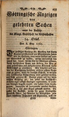 Göttingische Anzeigen von gelehrten Sachen (Göttingische Zeitungen von gelehrten Sachen) Montag 6. Mai 1765