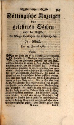 Göttingische Anzeigen von gelehrten Sachen (Göttingische Zeitungen von gelehrten Sachen) Samstag 15. Juni 1765