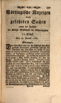 Göttingische Anzeigen von gelehrten Sachen (Göttingische Zeitungen von gelehrten Sachen) Montag 17. Juni 1765