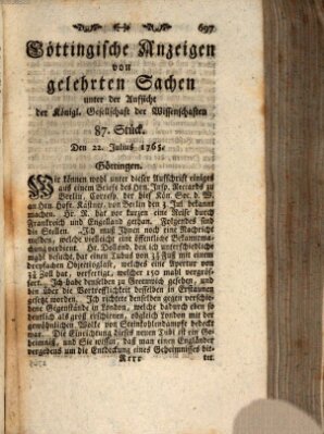 Göttingische Anzeigen von gelehrten Sachen (Göttingische Zeitungen von gelehrten Sachen) Montag 22. Juli 1765