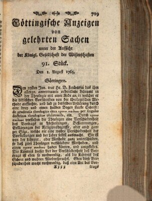 Göttingische Anzeigen von gelehrten Sachen (Göttingische Zeitungen von gelehrten Sachen) Donnerstag 1. August 1765