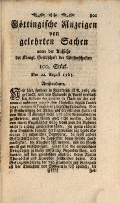 Göttingische Anzeigen von gelehrten Sachen (Göttingische Zeitungen von gelehrten Sachen) Donnerstag 22. August 1765