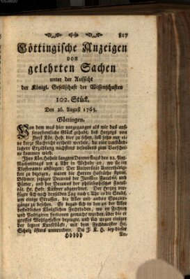 Göttingische Anzeigen von gelehrten Sachen (Göttingische Zeitungen von gelehrten Sachen) Montag 26. August 1765