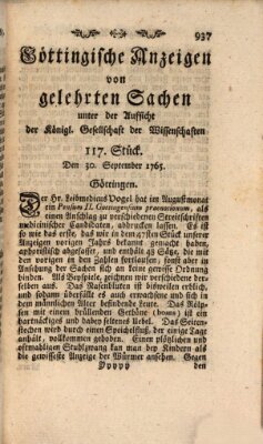 Göttingische Anzeigen von gelehrten Sachen (Göttingische Zeitungen von gelehrten Sachen) Montag 30. September 1765