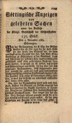 Göttingische Anzeigen von gelehrten Sachen (Göttingische Zeitungen von gelehrten Sachen) Samstag 2. November 1765