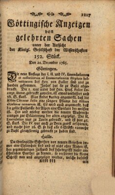 Göttingische Anzeigen von gelehrten Sachen (Göttingische Zeitungen von gelehrten Sachen) Samstag 21. Dezember 1765