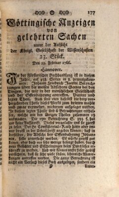 Göttingische Anzeigen von gelehrten Sachen (Göttingische Zeitungen von gelehrten Sachen) Samstag 22. Februar 1766