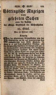 Göttingische Anzeigen von gelehrten Sachen (Göttingische Zeitungen von gelehrten Sachen) Donnerstag 27. Februar 1766