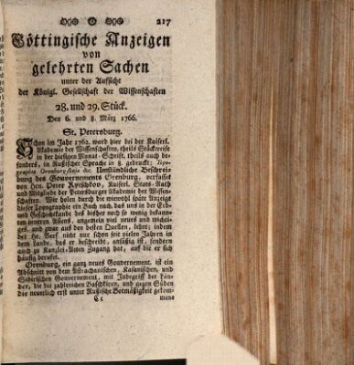 Göttingische Anzeigen von gelehrten Sachen (Göttingische Zeitungen von gelehrten Sachen) Samstag 8. März 1766