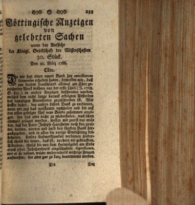 Göttingische Anzeigen von gelehrten Sachen (Göttingische Zeitungen von gelehrten Sachen) Montag 10. März 1766