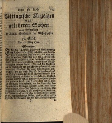 Göttingische Anzeigen von gelehrten Sachen (Göttingische Zeitungen von gelehrten Sachen) Samstag 22. März 1766