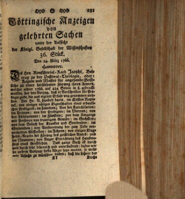 Göttingische Anzeigen von gelehrten Sachen (Göttingische Zeitungen von gelehrten Sachen) Montag 24. März 1766