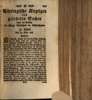 Göttingische Anzeigen von gelehrten Sachen (Göttingische Zeitungen von gelehrten Sachen) Samstag 29. März 1766