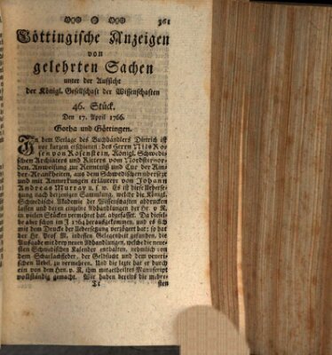 Göttingische Anzeigen von gelehrten Sachen (Göttingische Zeitungen von gelehrten Sachen) Donnerstag 17. April 1766