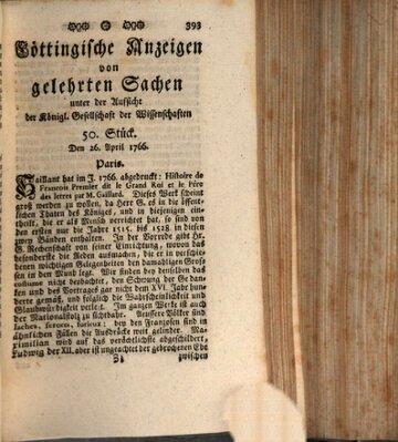 Göttingische Anzeigen von gelehrten Sachen (Göttingische Zeitungen von gelehrten Sachen) Samstag 26. April 1766