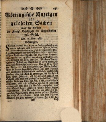 Göttingische Anzeigen von gelehrten Sachen (Göttingische Zeitungen von gelehrten Sachen) Samstag 10. Mai 1766