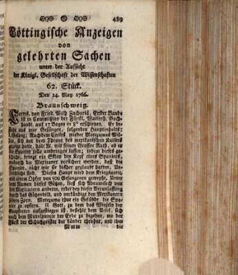 Göttingische Anzeigen von gelehrten Sachen (Göttingische Zeitungen von gelehrten Sachen) Samstag 24. Mai 1766