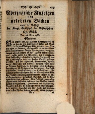 Göttingische Anzeigen von gelehrten Sachen (Göttingische Zeitungen von gelehrten Sachen) Montag 26. Mai 1766