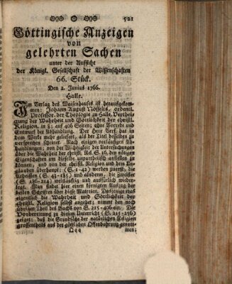 Göttingische Anzeigen von gelehrten Sachen (Göttingische Zeitungen von gelehrten Sachen) Montag 2. Juni 1766