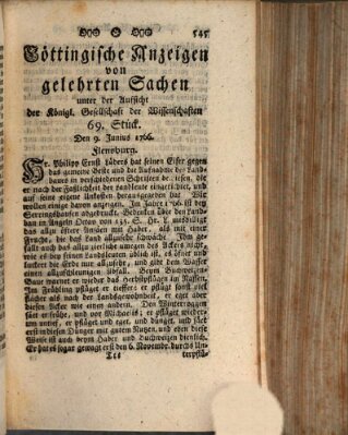 Göttingische Anzeigen von gelehrten Sachen (Göttingische Zeitungen von gelehrten Sachen) Montag 9. Juni 1766