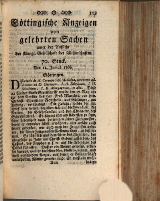 Göttingische Anzeigen von gelehrten Sachen (Göttingische Zeitungen von gelehrten Sachen) Donnerstag 12. Juni 1766